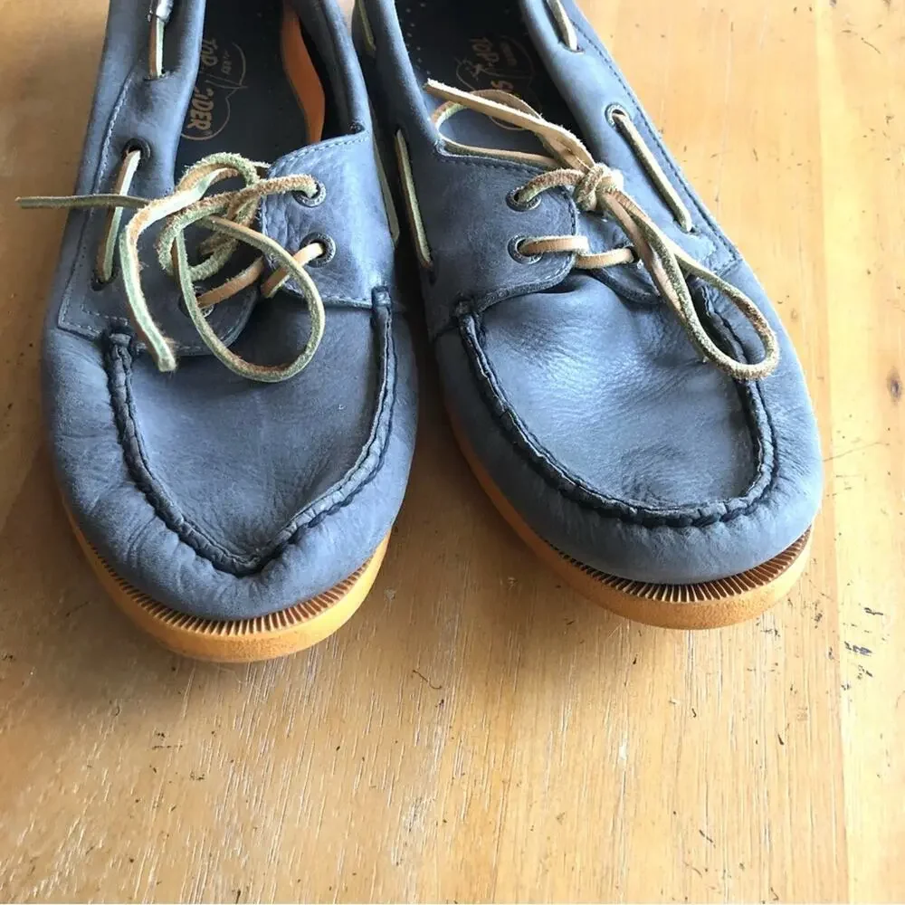 Vintage Boat Shoes Grey Leather Sperry Top-Sider Original Gray Prep Yellow Sole